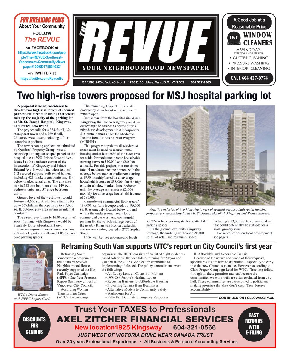 Two high-rise towers proposed for MSJ hospital parking lot. As seen on Page 1 of The Spring 2024 Edition of The REVUE online at revuecommunitynews.com 

#developmemnt #redevelopment #housing #southvan #cedarcottage #kensington #MtStJo #kingsway #density #affordablehousing