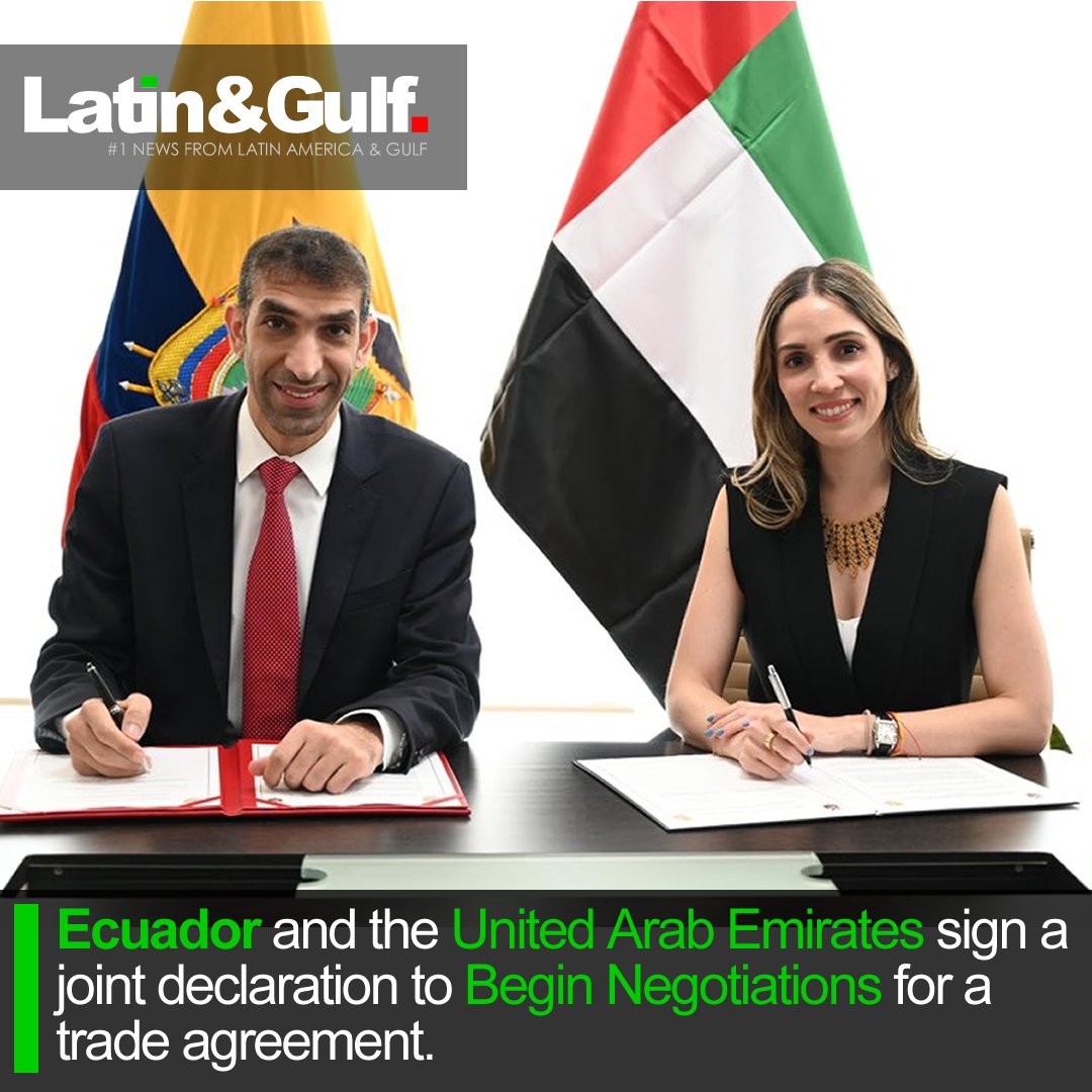 🇪🇨🇦🇪 Ecuador and the United Arab Emirates sign a joint declaration to begin negotiations for a trade agreement. Minister of Production, Foreign Trade + Investment, @sonsoles89, and her counterpart from the UAE, Thani Bin Ahmed Al Zeyoudi <a href="/ThaniAlZeyoudi/">د. ثاني أحمد الزيودي</a> 
🗞️t.ly/z3Z1i