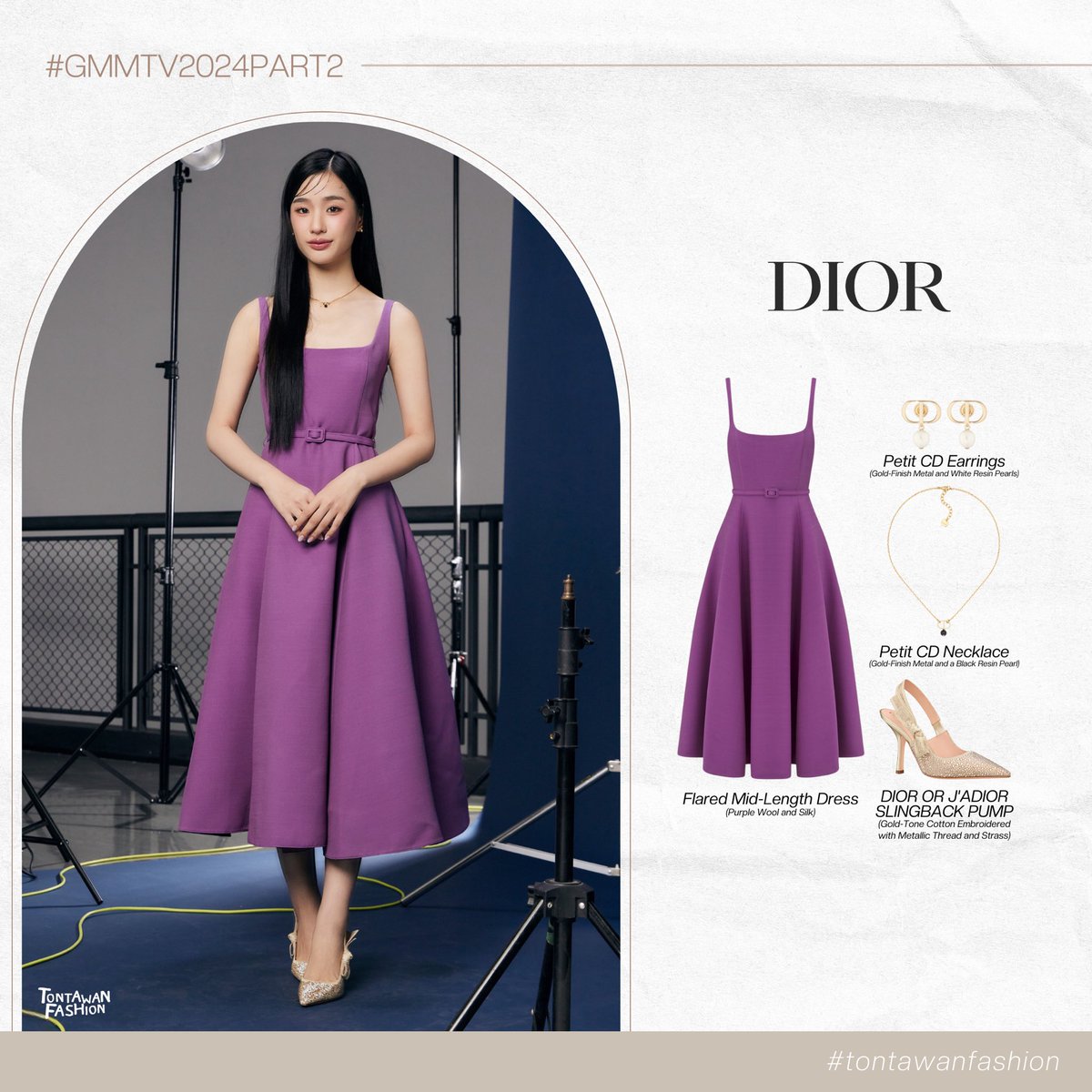 🌻 #tontawanfashion All @Dior Flared Mid-Length Dress Petit CD Earrings (Gold-Finish Metal and White Resin Pearls) Petit CD Necklace (Gold-Finish Metal and a Black Resin Pearl) DIOR OR J'ADIOR SLINGBACK PUMP 📷 IG : GMMTV #GMMTV2024PART2 #tontawan_t #tontawan #intuyou