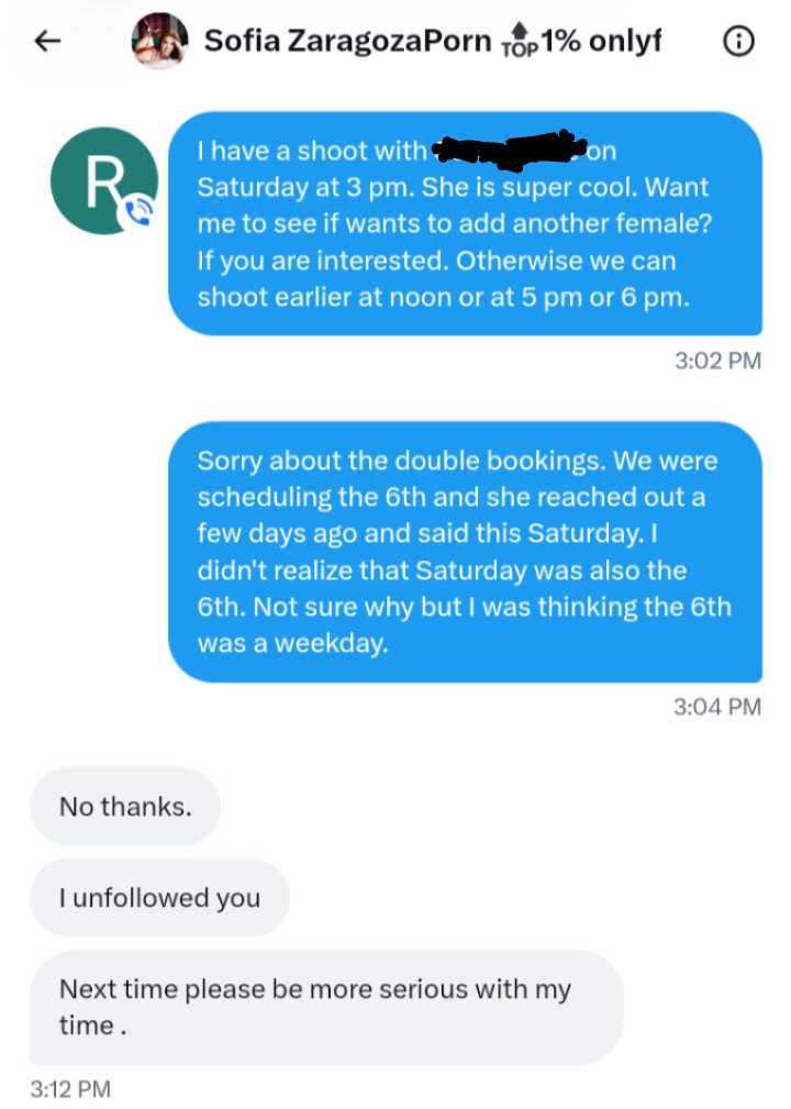 TPXSMovies's tweet photo. See screenshots. I simply requested to change the time from 3 pm to 5 pm because I accidentally doubled booked. I requested the time change with at least a 24 hours notice. She was supposedly driving from Ohio and I didn't think she would mind. And this was her response. Then she wanted money or she would blast me on X. Of course I am not paying her anything. Looks like from her responses, we dodged a bullet with her. I wouldn't want her on my set.