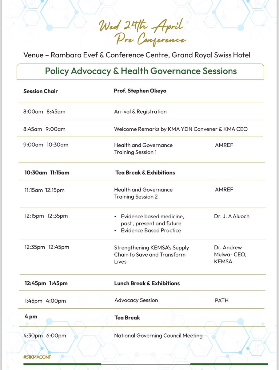 simonkigondu's tweet photo. #51KmaConf Day 1

The Young Doctors Network Session

Let the @KenyaMedics_KMA Conference begin

Find us from today to Saturday at the 51st KMA Annual Scientific Conference at Grand Royal Swiss Hotel, Kisumu. 

We will be hosting important discussions pertaining to healthcare in the country. 

In view of the ongoings in the health space this makes the KMA Conference ONE OF THE MOST IMPORTANT EVENTS THIS YEAR.

Today the Young doctors Network have prepared for us a menu of governance and supply chain. 

In the evening the NATIONAL GOVERNING COUNCIL OF Kenya Medical Association will meet to deliberate on all matters health. The ongoing industrial action will be high on the list. 

Let the games bring
#ProtectTheIntern
#DoctorsStrikeKE
#ImplementCBA