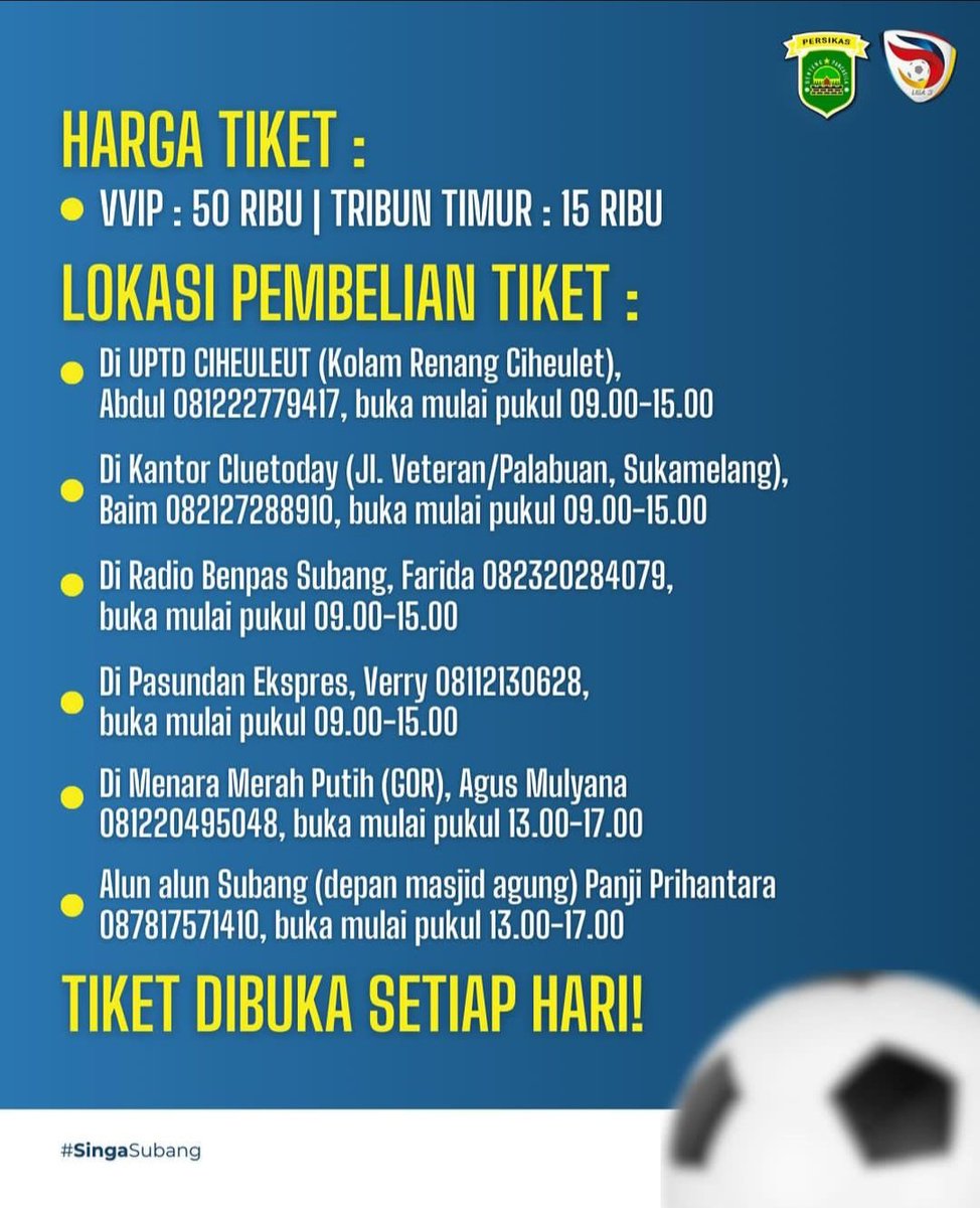 #eventSubang Ayo dukung tim Persikas Subang menuju kemenangan! Beli tiketmu sekarang untuk Liga 3 Nasional 2023/24. Harga mulai dari 15 rb untuk Tribun Timur. Ayo, jangan lewatkan aksinya!
Untuk Group D Full main di Stadion Persikas Subang.

Source : @ persikassubang_official