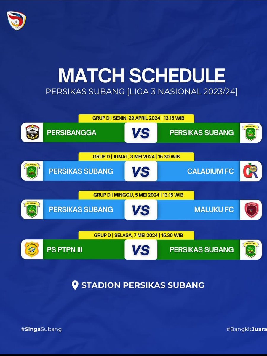 Twit_Subang's tweet photo. #eventSubang Ayo dukung tim Persikas Subang menuju kemenangan! Beli tiketmu sekarang untuk Liga 3 Nasional 2023/24. Harga mulai dari 15 rb untuk Tribun Timur. Ayo, jangan lewatkan aksinya!
Untuk Group D Full main di Stadion Persikas Subang.

Source : @ persikassubang_official https://t.co/8UdrCVTYeP