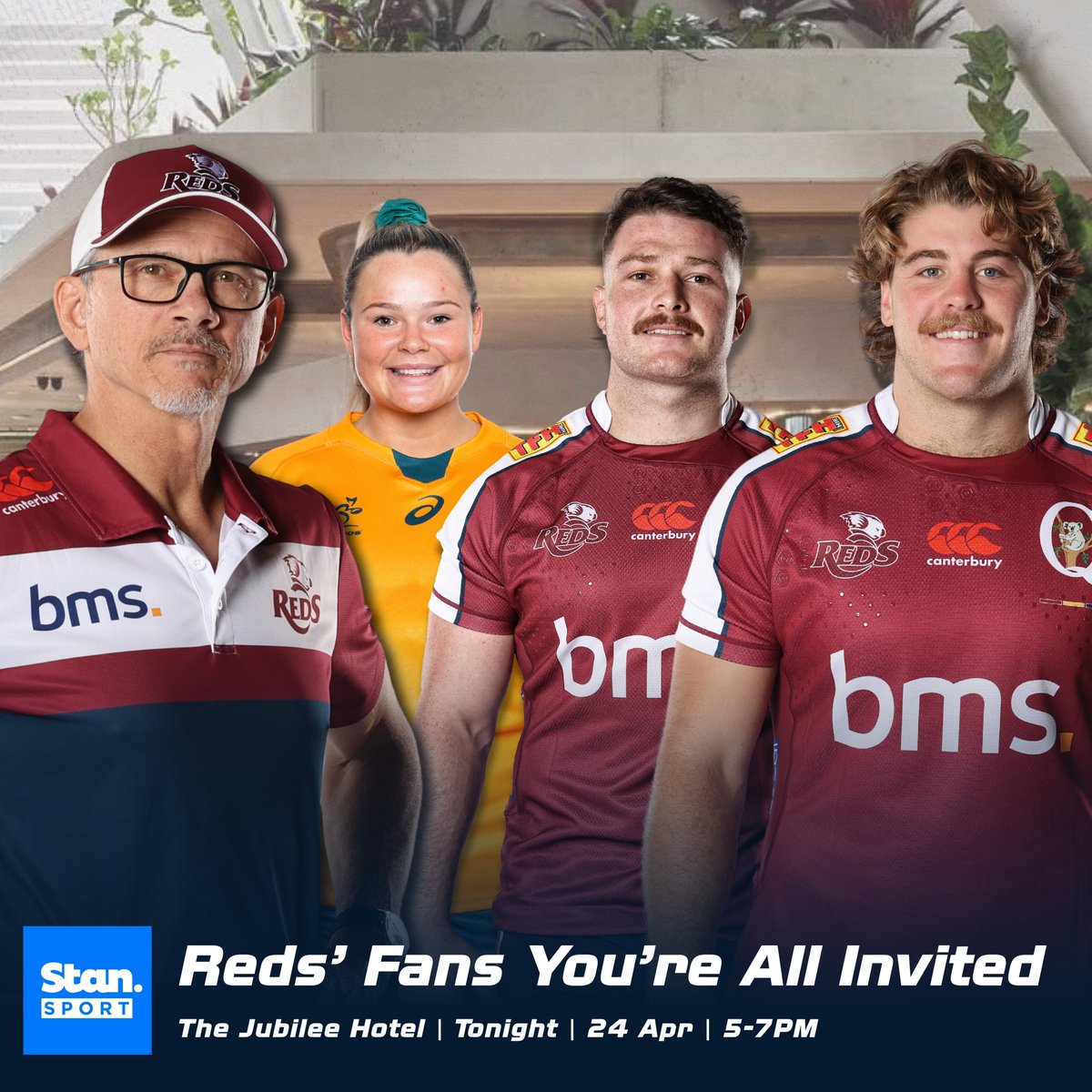 Reds fans! Join Atko, Horwill and Tim at the Jubilee Hotel tomorrow evening at 5.30pm for @StanSportRugby's On the Road Queensland Reds special. Les, Frase, Faes Again and Bree-Anna will be there and there's plenty of prizes up for grabs! 🎉