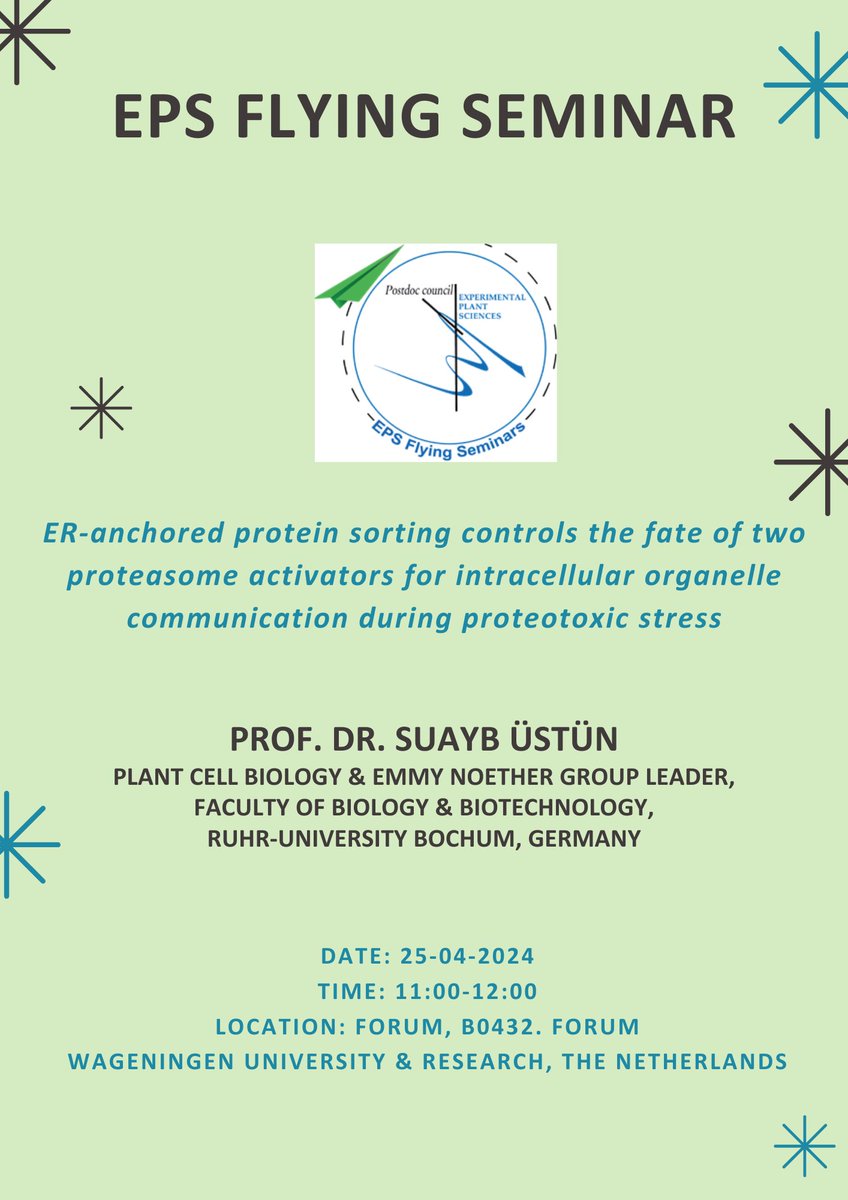 EPS postdoc council (@plantscipostdoc) on Twitter photo Excited to welcome <a href="/SuayibUestuen/">Şuayb Üstün 🌱👨🏻🔬</a> from <a href="/ruhrunibochum/">Ruhr-Universität Bochum</a> to the <a href="/EPSGradSchool/">Graduate School EPS</a>'s Flying Seminar at <a href="/WUR/">Wageningen U&R</a>! Join us this Thursday, April 25th, 2024, to delve into ER-anchored protein sorting and its impact on proteasome activators. <a href="/WURplant/">WUR Plant</a> Excited to welcome <a href="/SuayibUestuen/">Şuayb Üstün 🌱👨🏻🔬</a> from <a href="/ruhrunibochum/">Ruhr-Universität Bochum</a> to the <a href="/EPSGradSchool/">Graduate School EPS</a>'s Flying Seminar at <a href="/WUR/">Wageningen U&R</a>! Join us this Thursday, April 25th, 2024, to delve into ER-anchored protein sorting and its impact on proteasome activators. <a href="/WURplant/">WUR Plant</a>