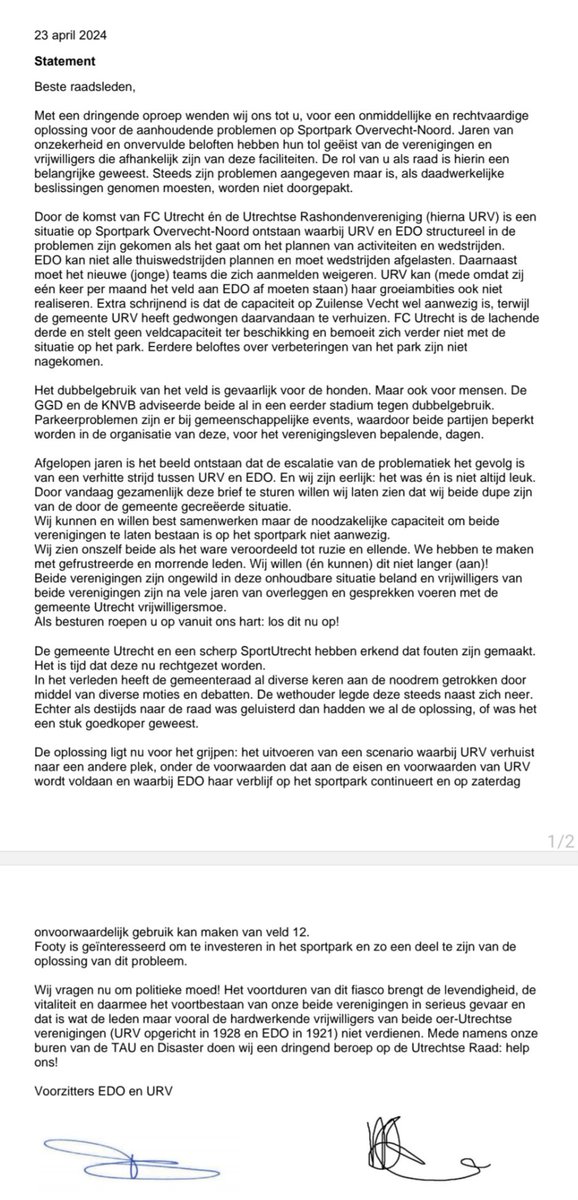 Dinsdagavond 23 april: Raadsinformatiebijeenkomst stadhuis over de chaos op sportcomplex Overvecht-Noord, waar <a href="/GemeenteUtrecht/">Gemeente Utrecht</a> fout op fout stapelde, dit erkent maar de door henzelf aangedragen oplossing van 2,1 mln. te duur vindt. 16 mei verder
<a href="/KNVB/">KNVB</a> <a href="/EvaOosters/">Eva Oosters</a> <a href="/fcutrecht/">FC Utrecht</a>  ❗️