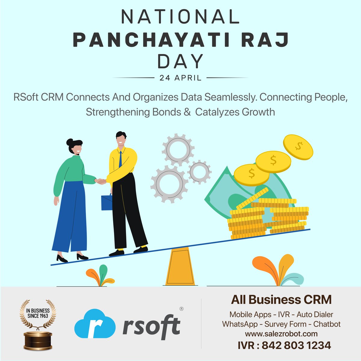 🌟 National Panchayati Raj Day
24 April

RSoft CRM Connects And Organizes Data Seamlessly. Connecting People, Strengthening Bonds & Catalyzes Growth 🌱

#NationalPanchayatiRajDay #24April #RSoftCRM #ConnectingPeople #StrengtheningBonds #CatalyzingGrowth #CommunityStrength