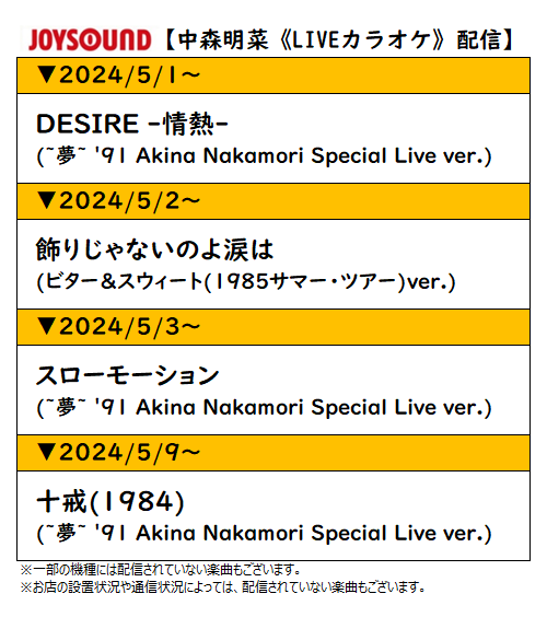 JOYSOUND_PR's tweet photo. ＼本日発売／
ベストアルバムリリース記念
【#中森明菜×JOYSOUND】

🎁ポスターが当たる！
コラボキャンペーン開催

📹#みるハコ で『中森明菜イースト・ライヴ インデックス23』配信！
ブロマイド付きチケットも✨

🎤《LIVEカラオケ》配信！
詳しくは画像でチェック

▼詳細
https://t.co/GWFj7cu7um https://t.co/JpsUXV6zTm