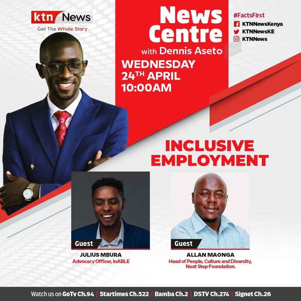 Join @JSupercharge and Allan Maonga for an insightful conversation about Inclusive Employment with Dennis Aseto on KTN News, Wednesday, 24th April 2024, 10am on @KTNNewsKE. Stream live at youtube.com/watch?v=YLmEqm… @IreneKirika2 #InclusiveAfrica2024