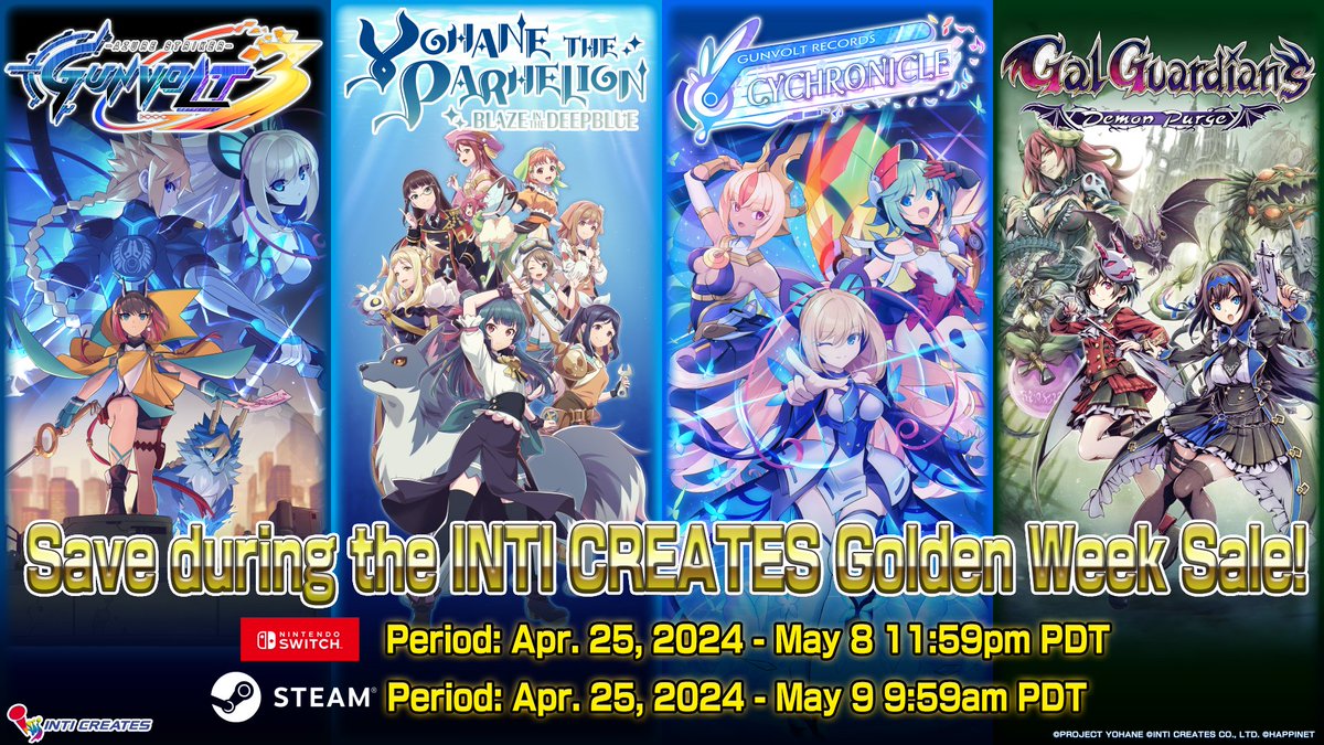 The INTI CREATES Golden Week sale has started! Even outside Japan, you can celebrate this holiday week with us by saving on INTI CREATES games on Steam and Switch! *Switch sale begins tomorrow. Steam catalog: store.steampowered.com/developer/INTI… eShop catalog: nintendo.com/us/search/#q=I…