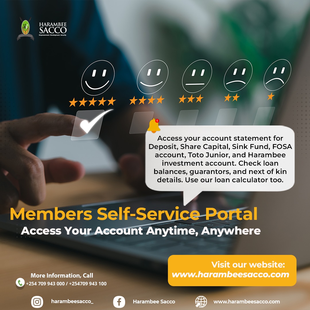 Did you know you can get your detailed account and loan statements from our self-service portal? Visit our portal to access statements and much more.

 #ThisIsTheTurningPoint #HarambeeSACCO #LetsPivot #HarambeeDTSACCO