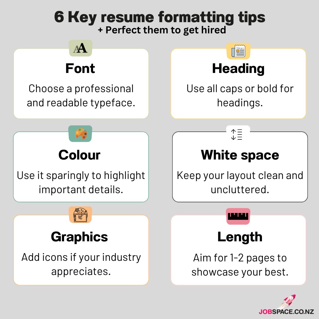 Polish your CV with these 6 essential formatting tips to stand out in the job market! 📃

#ResumeTips #GetHired #CareerGrowth #resumeformatting #resumeedit #jobsearch #jobhunting #ResumeCrafting #jobsearchnewzealand #careerchange #jobsite #jobspacenz