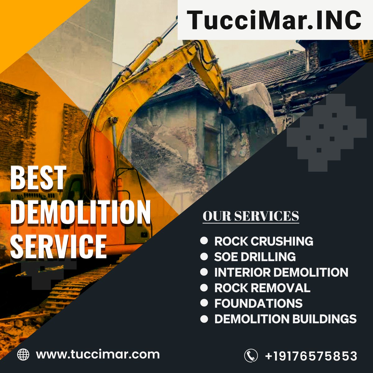 tuccimarinc's tweet image. From controlled demolitions to paving the path for fresh beginnings, count on us for precision and reliability. Contact us today to kickstart your future!

Explore more at tuccimar.com.

#TuccimarDemolition #DemolitionExperts #PrecisionDemolition