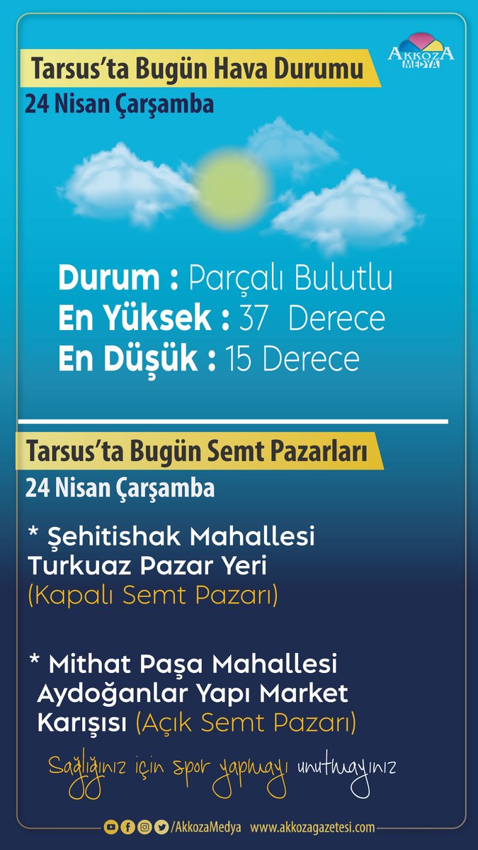 24.04.2024 Akkoza Gazetesi, Akkoza Medya Mersin/ Tarsus Hava Durumu/Semt Pazarı #eczaneler #Nöbetçi #Tarsus #Akkoza #akkozamedya