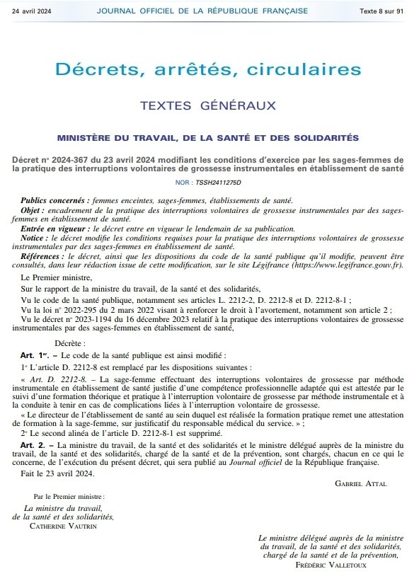 nicolasberrod's tweet photo. ❗️ Ce mercredi au JO : nouveau décret, très attendu par leurs orgas représentatives, établissant les conditions dans lesquelles les sages-femmes peuvent pratiquer des IVG à l'hôpital.

Il remplace le précédent, jugé beaucoup trop contraignant (il imposait un médecin, par ex.). https://t.co/H2yf7I302c