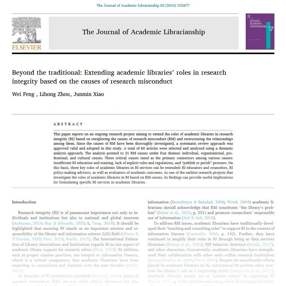Beyond the traditional: Extending academic libraries’ roles in research integrity based on the causes of research misconduct sciencedirect.com/science/articl… @SueLaceybryant