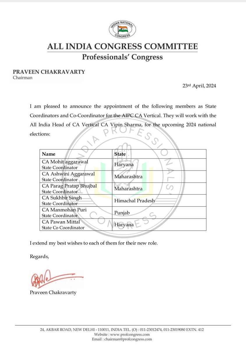 Organisation Announcement: We congratulate and extend our best wishes to the newly appointed State Coordinators for the AIPC CA Vertical. #ProfessionalsforIndia