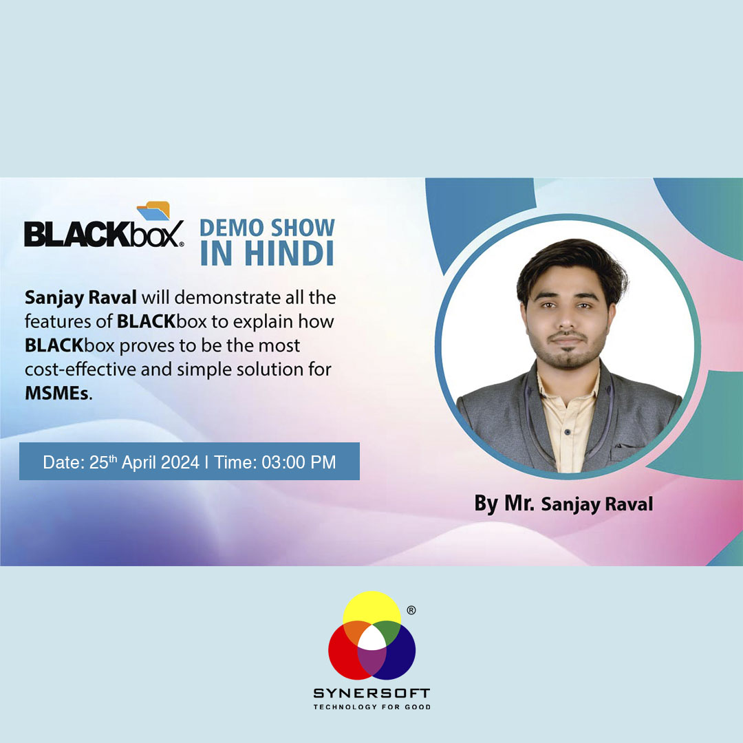 SynersoftTech's tweet image. 🌟 Join our BLACKbox Demo by Mr. Sanjay Raval in Hindi! Learn about cost-effective IT solutions for MSMEs, data security, and productivity insights. Register now: us06web.zoom.us/webinar/regist…
🚀 #Webinar #BLACKboxDemo #MSMEs