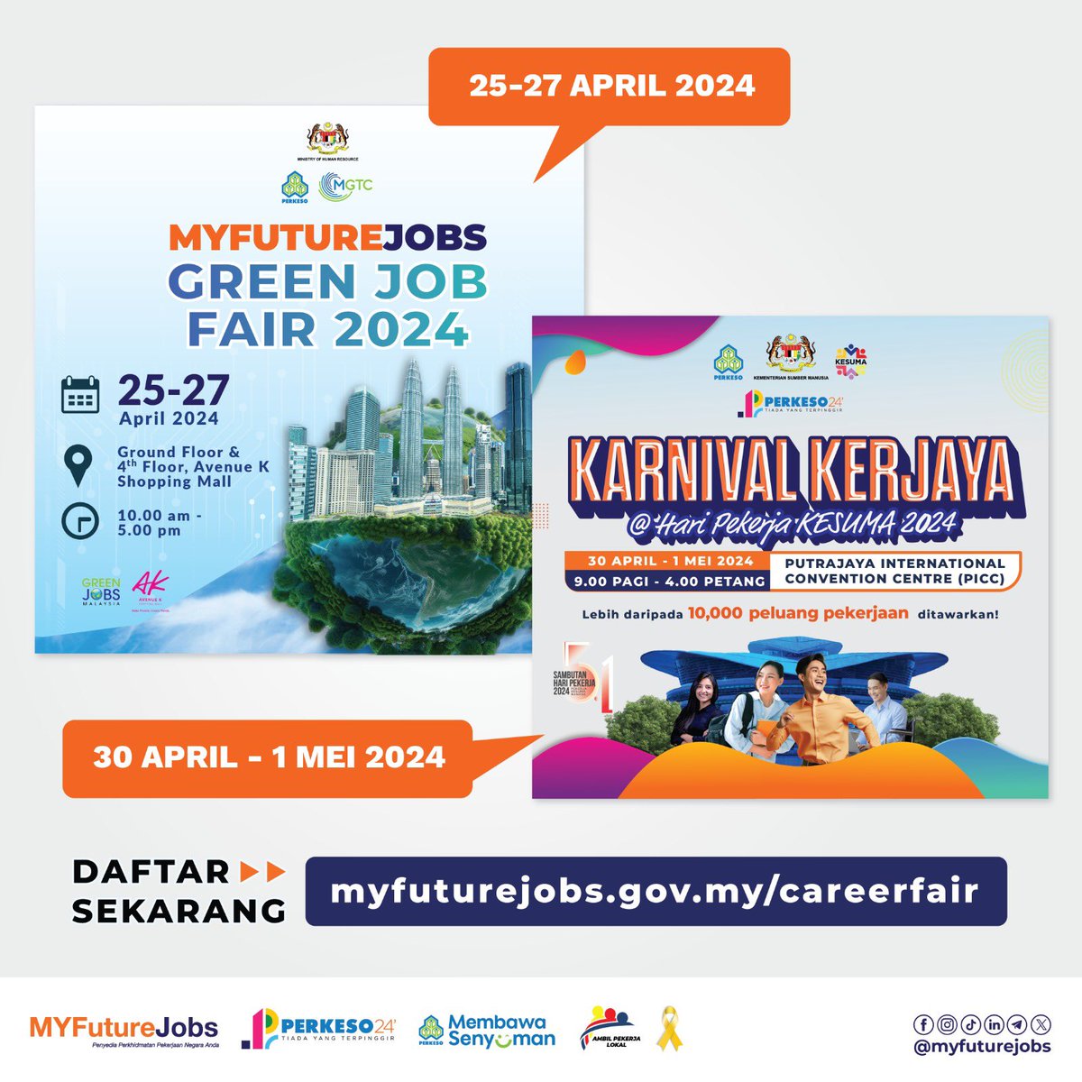 Discover 13,000+ job openings at MYFutureJobs Green Job Fair, Avenue K, and Karnival Kerjaya @ Hari Pekerja KESUMA 2024, Putrajaya International Convention Centre. Register at myfuturejobs.gov.my/careerfair