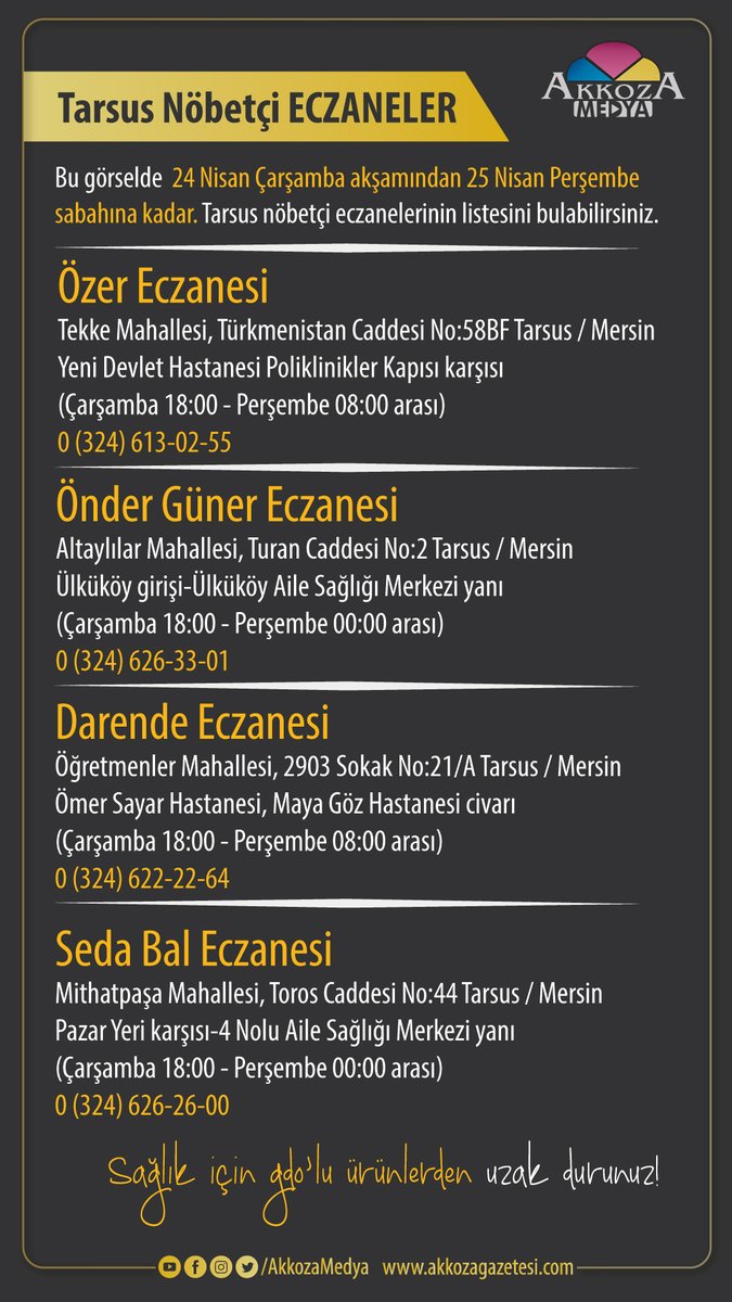 24.04.2024 Akkoza Gazetesi, Akkoza Medya Mersin/ Tarsus Nöbetçi Eczaneler #eczaneler #Nöbetçi #Tarsus #Akkoza #akkozamedya