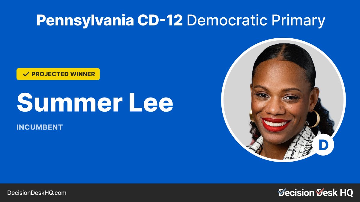 Decision Desk HQ projects Summer Lee wins the Democratic primary for Pennsylvania's 12th Congressional District. #DecisionMade: 8:45pm ET Follow results here: decisiondeskhq.com/results/2024/P…