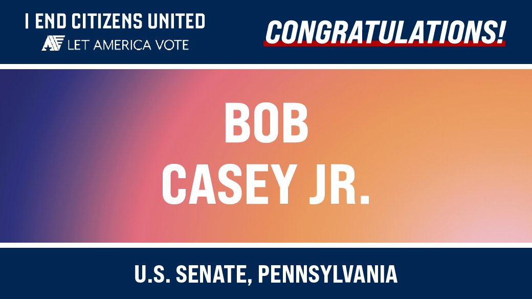 Congratulations, @Bob_Casey, on securing the Democratic nomination for re-election to Pennsylvania's Senate seat! We're ready to help you beat your out-of-state opponent in November. #PASEN