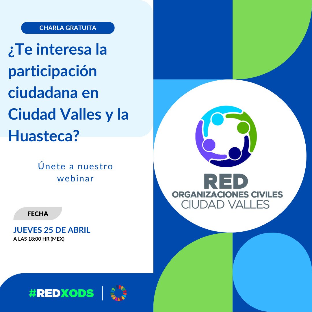 Red2030MX's tweet photo. ¿Te interesa la participación ciudadana en Ciudad Valles y la Huasteca? Únete a nuestro webinar.

📆Jueves 25 de abril
⏰ 6 de la tarde
📱https://t.co/HchAVTZXUn

¿Quieres mas informacion sobre la Red? Registrate aqui: https://t.co/ktbt4A414Z https://t.co/MwW5looyzH