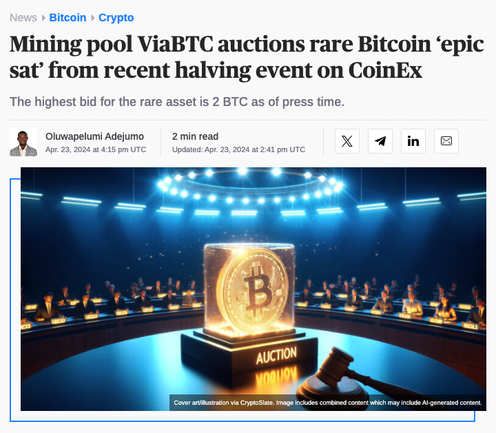 ICYMI: Mining pool ViaBTC auctions rare Bitcoin ‘epic sat’ from recent halving event on CoinEx Read the full article 👇