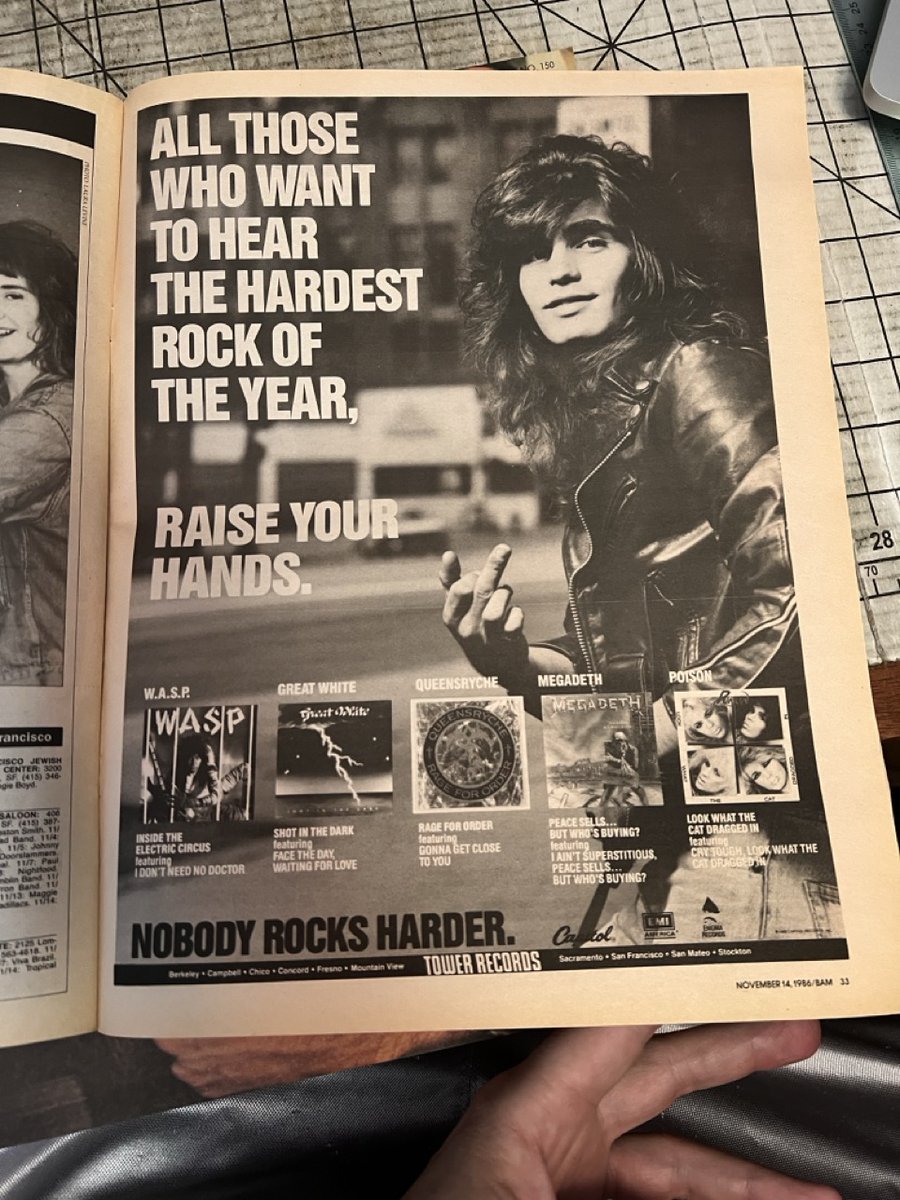 Check out this 1986 #TowerRecords ad for albums from #WASP #GreatWhite #Poison #Megadeth and #Queensryche.  Yes, that is #JerryDixon from #Warrant in the ad. #hairmetal