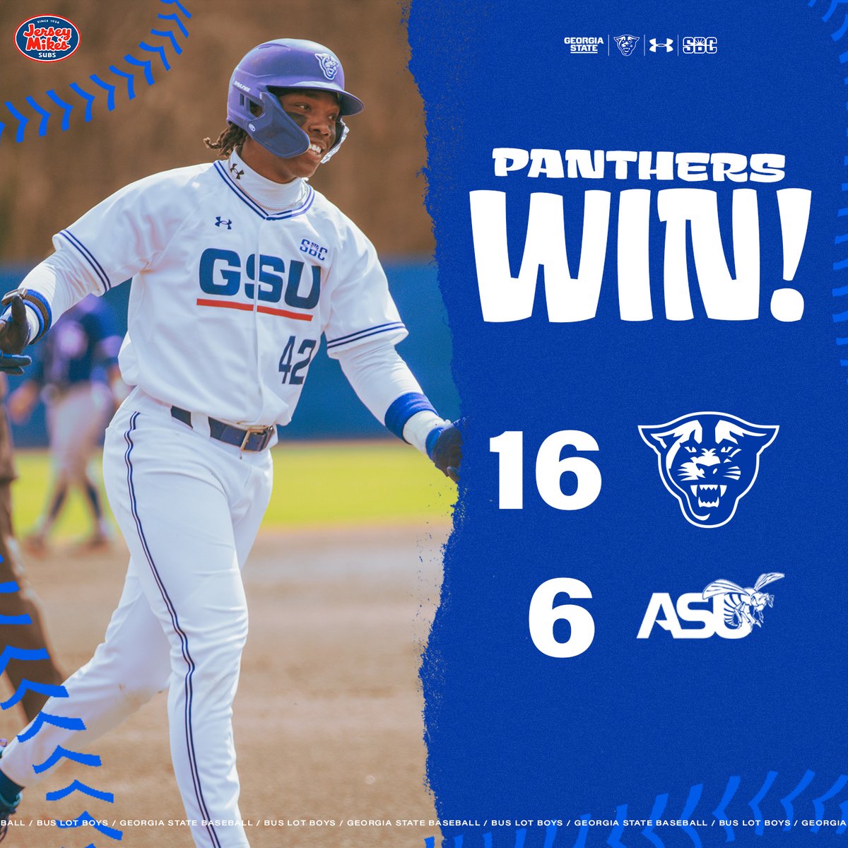 𝗧𝗛𝗔𝗧'𝗦 𝗔 𝗣𝗔𝗡𝗧𝗛𝗘𝗥 𝗗𝗨𝗕 💪 Jesse Donohoe, Brennan Hudson & JoJo Jackson drove in 2 runs each to lead 16-6 (7) win over Alabama State! #LightItBlue | #BLB