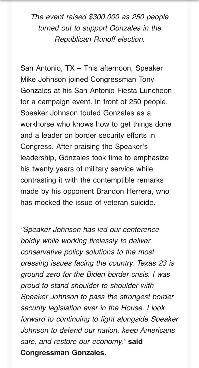 Gonzales’ campaign announces that his event with Johnson raised $300K #TX23