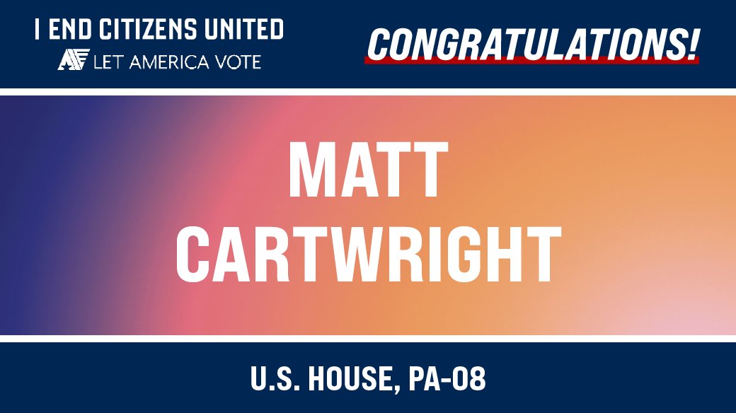 Congratulations, @CartwrightPA, on becoming the Democratic nominee in Pennsylvania's 8th Congressional District. Together, we'll win re-election and continue working to root out corruption in Washington. #PA08