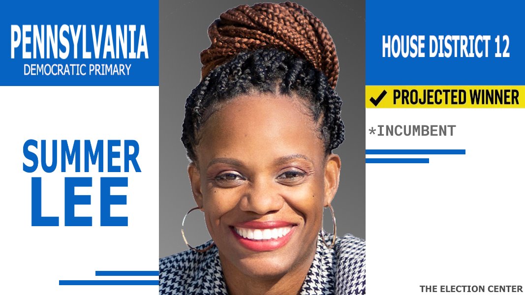 Projection: Incumbent Representative Summer Lee is the Projected Winner in the #PA12 Democratic Primary. She will defeat Bhavini Patel. #Election2024 #ElectionDay