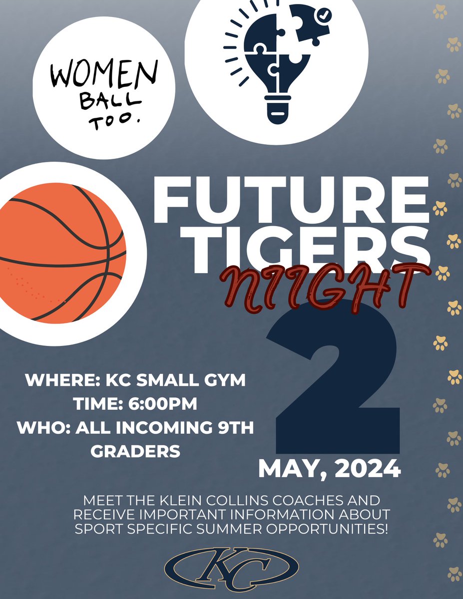 🚨 Calling all Future Tigers ‼️ Join us next Thursday, May 2nd, for an opportunity to meet the Klein Collins coaches and receive important information about sport specific Summer opportunities! We can’t wait to see you at Future Tigers Night! 🐯