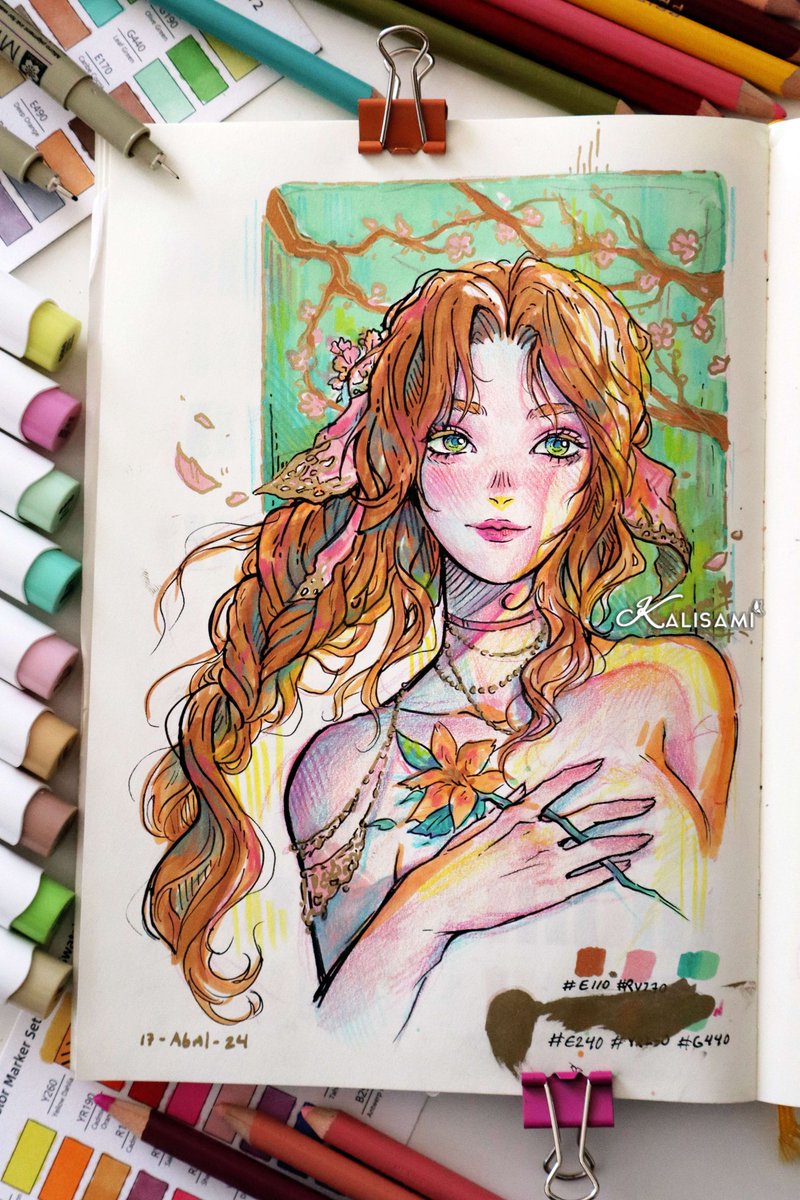 Aerith on my #sketchbook 💖✨
#Ohuhumarkers, ink, and colors✨

#FinalFantasyVIIRebirth #sketch
#drawing #fanart