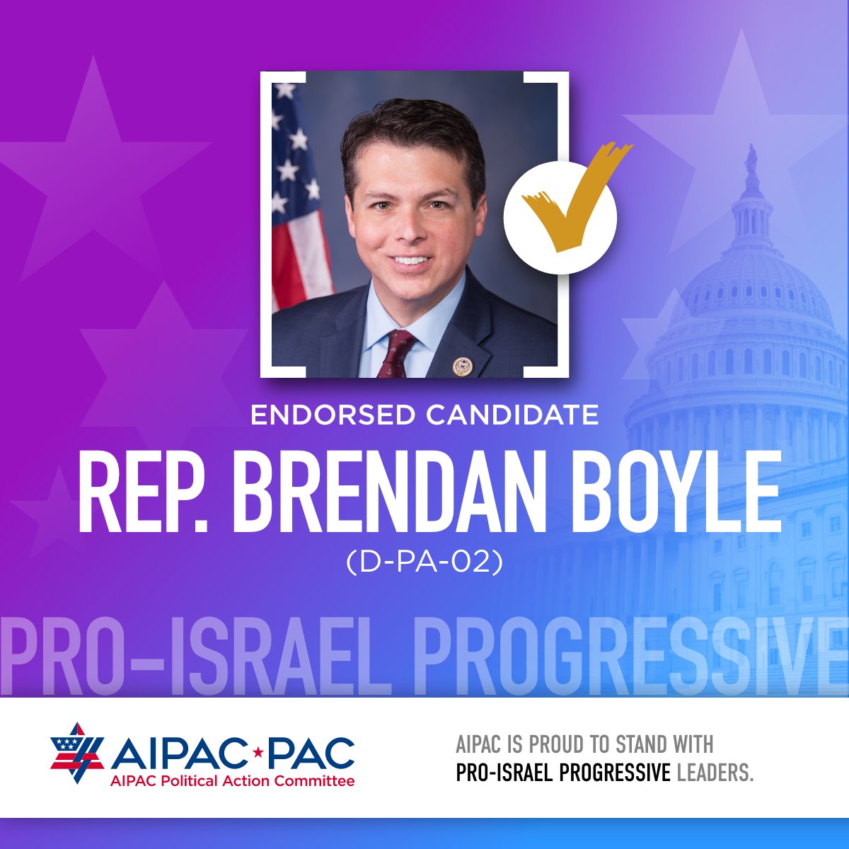 Congratulations to AIPAC-endorsed @RepBrendanBoyle on your primary election victory! AIPAC is proud to stand with pro-Israel progressive leaders who help strengthen and expand the U.S.-Israel relationship. Being pro-Israel is good policy and good politics.