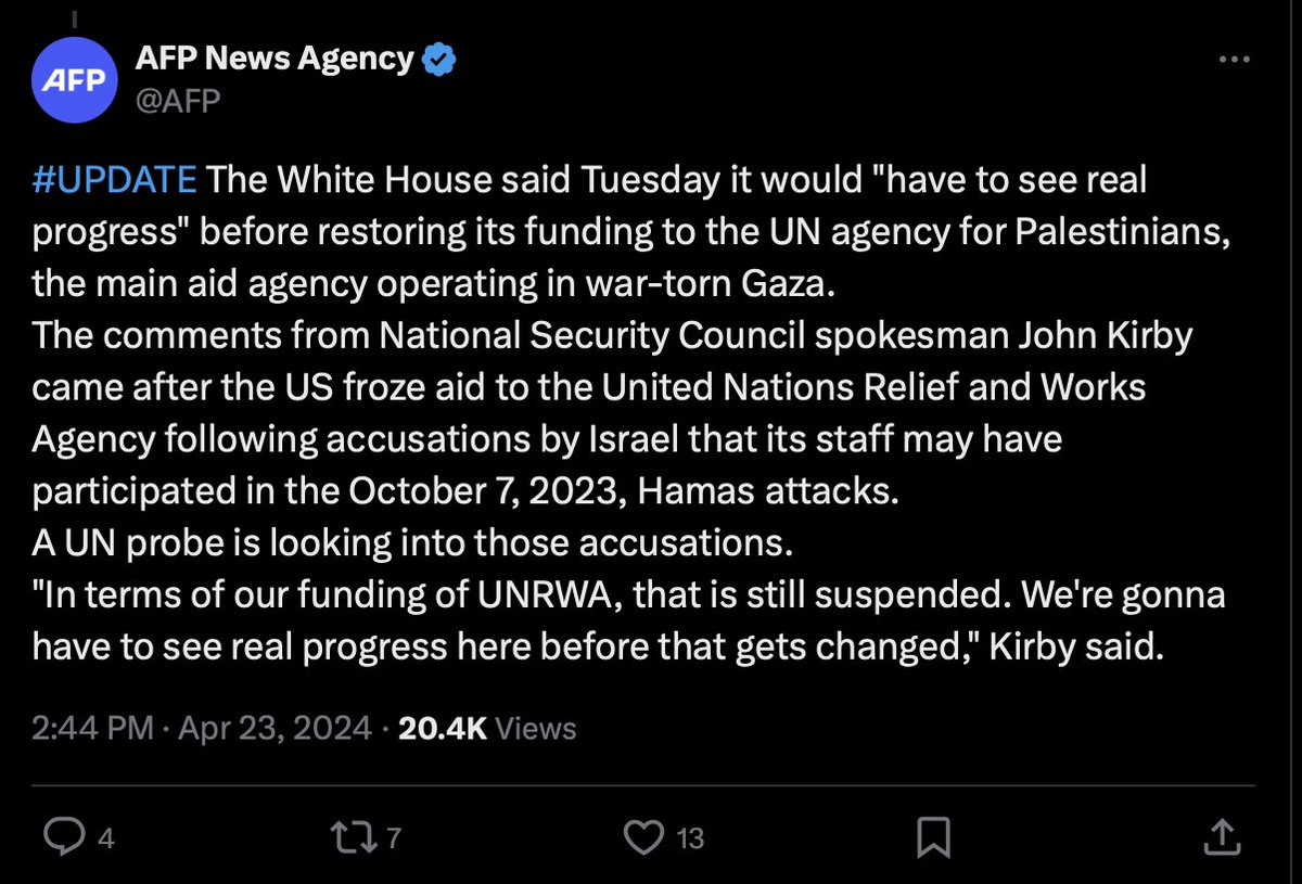 'The White House said Tuesday it would 'have to see real progress' before restoring its funding' to UNRWA. What progress? An independent investigation just cleared the UN agency, and WH itself believes UNRWA is essential for saving lives, as UN warns that Famine is setting in!