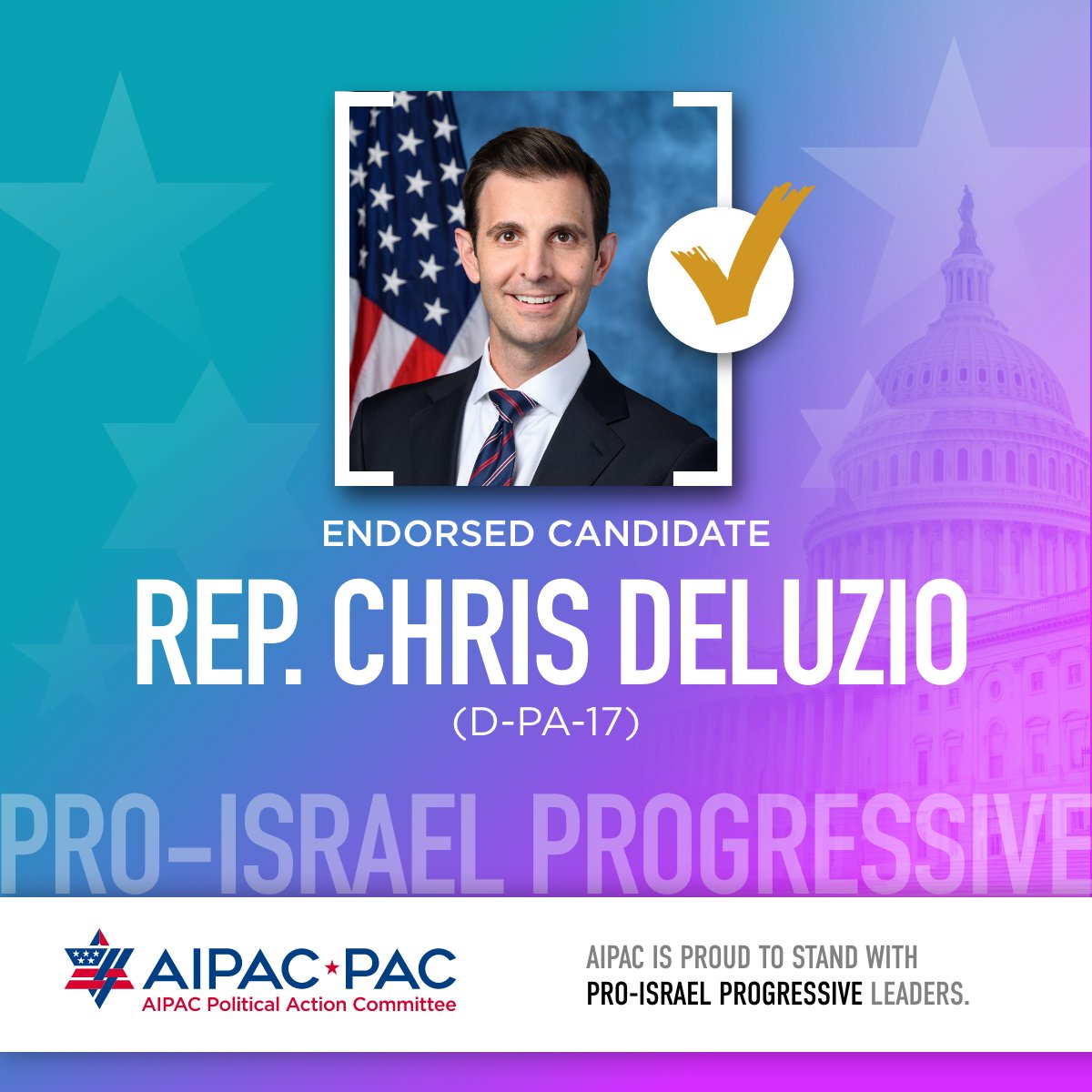 Congratulations to AIPAC-endorsed @RepDeluzio on your primary election victory! AIPAC is proud to stand with pro-Israel progressive leaders who help strengthen and expand the U.S.-Israel relationship. Being pro-Israel is good policy and good politics.