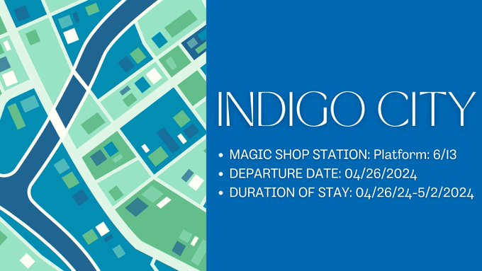 ARMY,
📢'Report to Magic Shop Station Platform 6/13
Next stop: Indigo city!”

MAGIC SHOP STATION: Platform 6/13🚆
DEPARTURE DATE: 04/26/2024
DURATION OF STAY: 04/26/2024-5/2/2024

🔔🔊“Look out tomorrow for your exclusive #ARMYON ticket to Indigo City”
#ARMYonIndigoCity