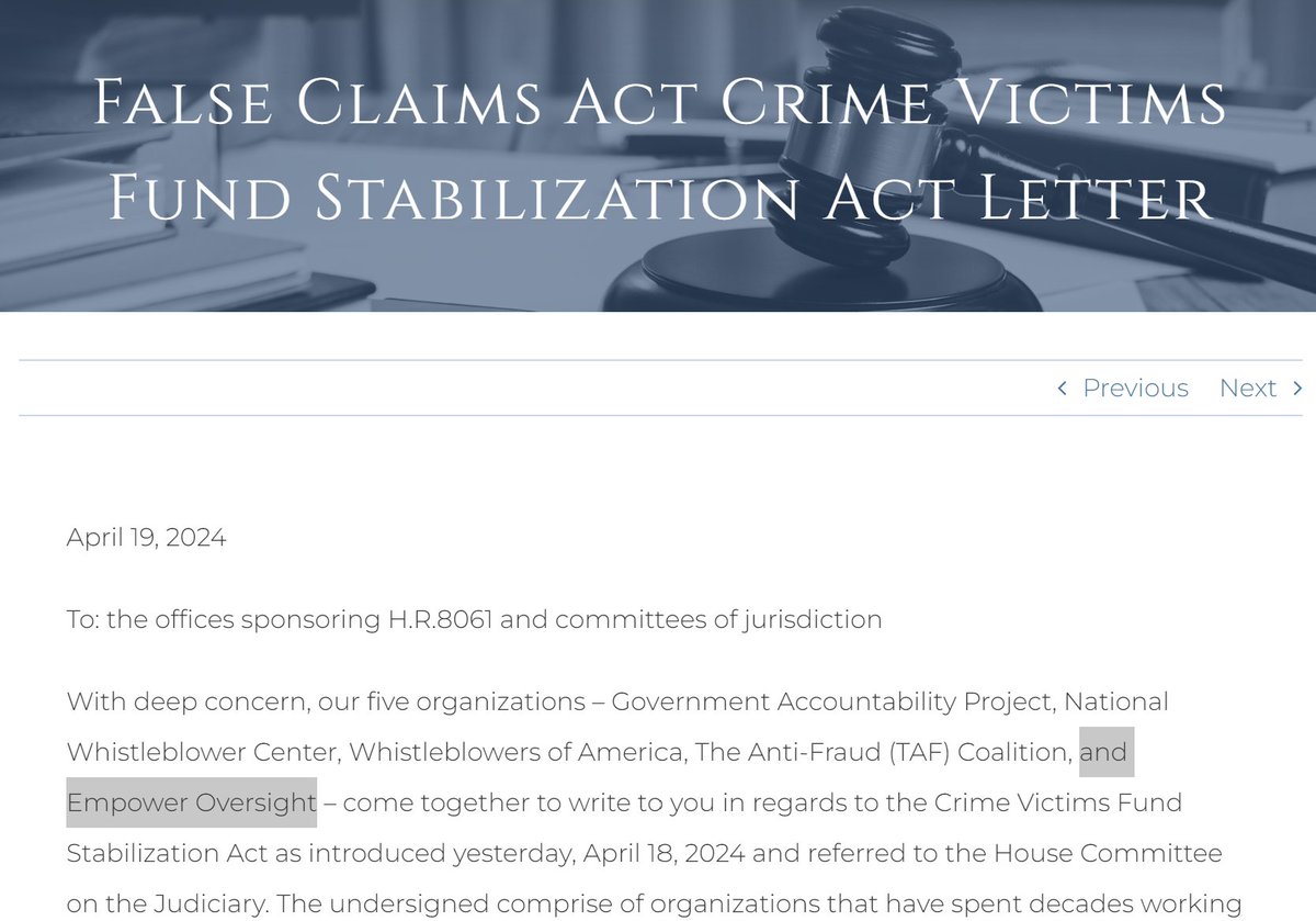 'There is a reason Congress structured the False Claims Act so taxpayer money recovered with the help of #whistleblowers goes back to the Treasury and not @TheJusticeDept. 'Congress also acted less than three years ago to strengthen the Crime Victims Fund. DOJ should follow…