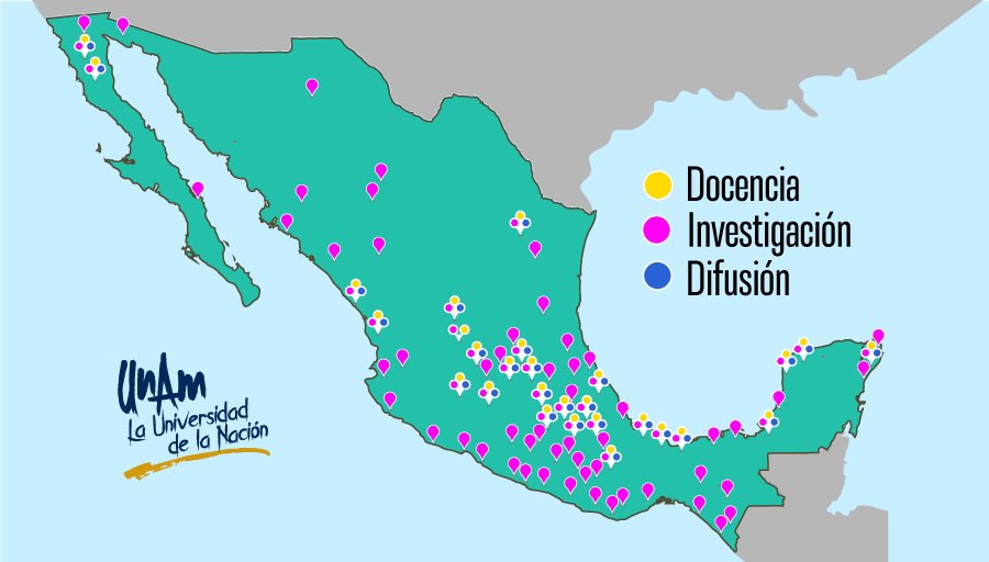 UNAM_MX's tweet photo. ¡Celebramos el alcance universitario! 🎓🇲🇽 Mira el mapa y descubre la vasta influencia académica y cultural de la UNAM en cada rincón de México. De norte a sur, de este a oeste, la Universidad está presente en todas partes. ¡Estamos orgullosos de ser parte de tu comunidad! 👇 https://t.co/Z6kiOr4G0h
