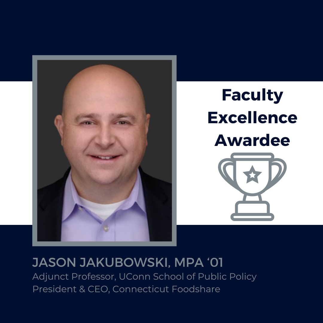 #UConnSPP Award Season is here! SPP Adjunct Professor & alum Jason Jakubowski kicks us off as a 2024 Faculty Excellence Awardee! Jason serves as the President & CEO of @CTFoodshare. Learn more about Jason in our latest news story publicpolicy.uconn.edu/2024/04/25/202…