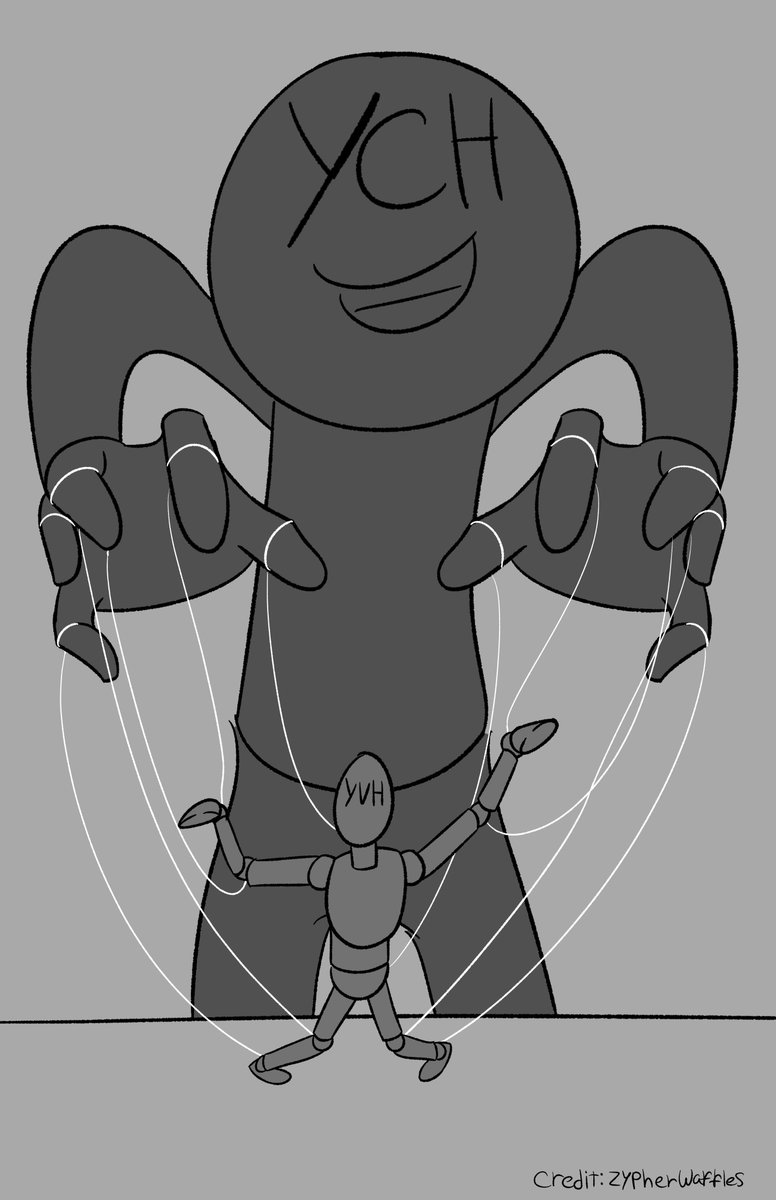 I have an idea.

Vtubers are puppeteers! 

YCH: A representation of you. (does not have to be what you actually look like just an approximation)

YVH (Your Vtuber Here, what your Vtuber avatar looks like)

#Vtubers #digitalartwork #YCH