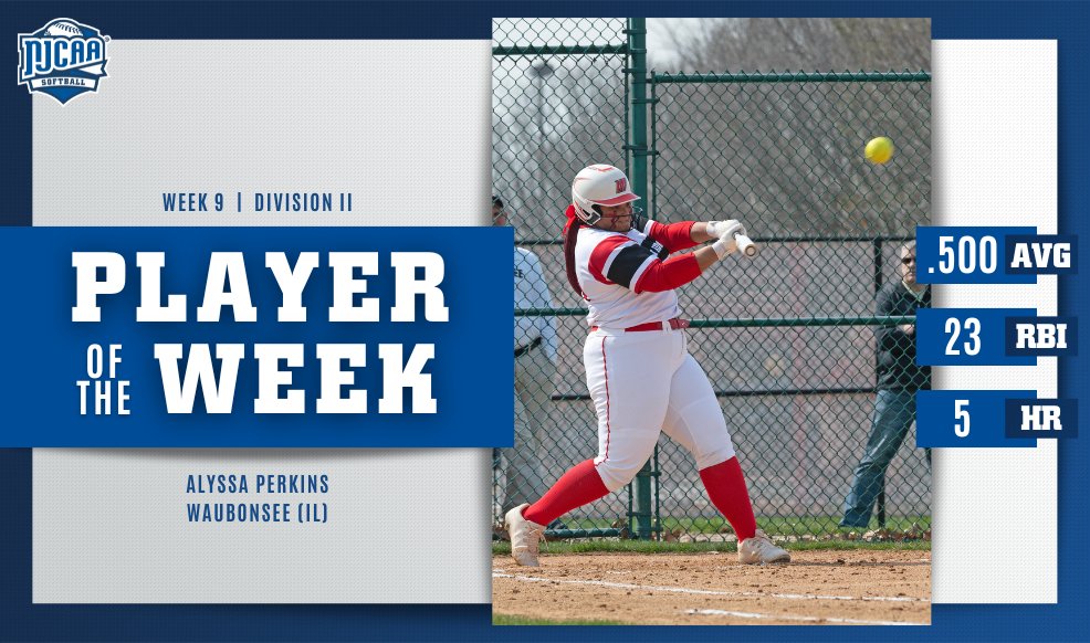 🦇🔥 This Bat was on Fire! Alyssa Perkins of @WaubonseeChiefs had 23 RBIs, 5 HRs, and a .500 average to earn #NJCAASoftball DII Player of the Week. #NJCAAPOTW