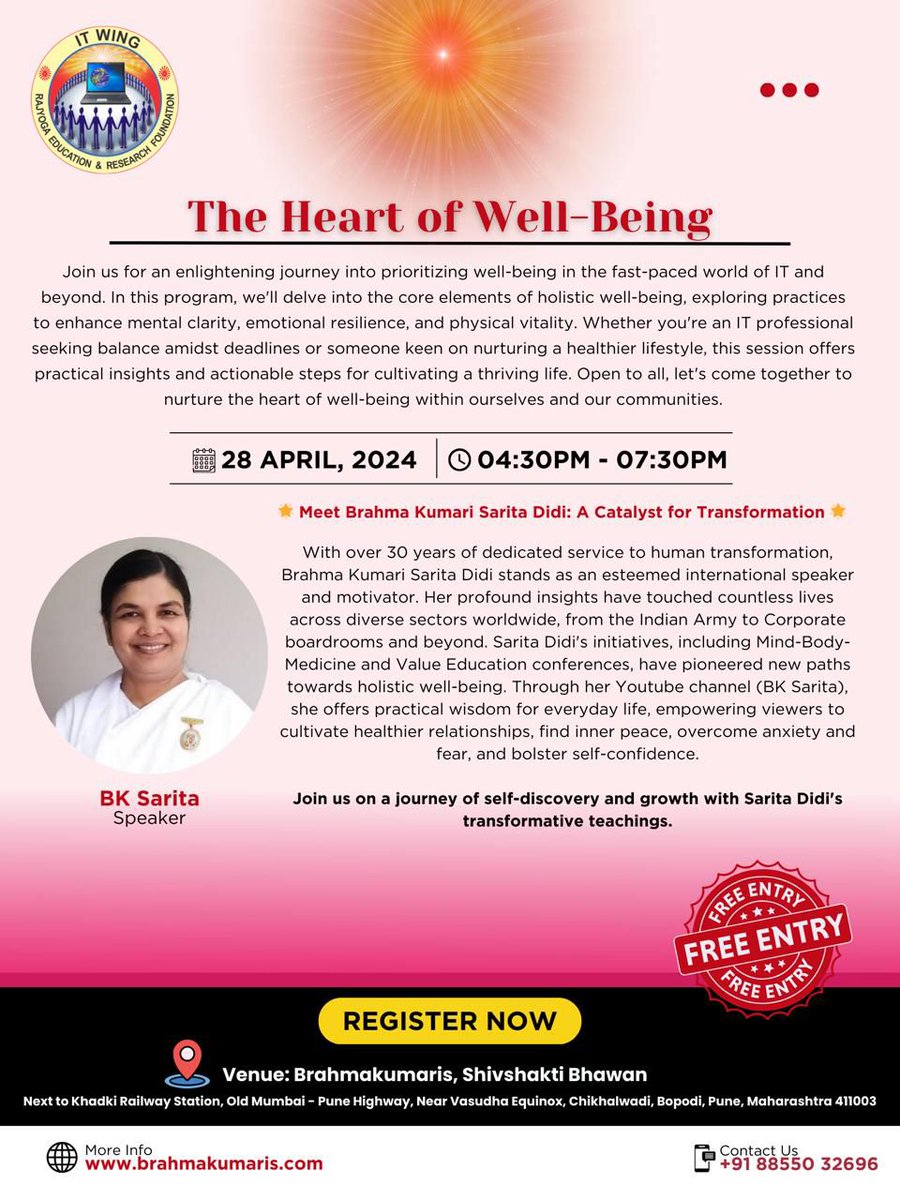 🌟The Heart of Well-Being Program🌟

📅 28/04/24
🕒 4:30pm-7:30pm

🎤 BK Sarita

🔗 Registration: bkitwing.org/e/the-heart-of…

📍Brahmakumaris, Shivshakti Bhawan, Next to Khadki Railway Station, Old Mumbai - Pune Highway, Chikhalwadi, Bopodi, Pune

📞Contact: 8855032696