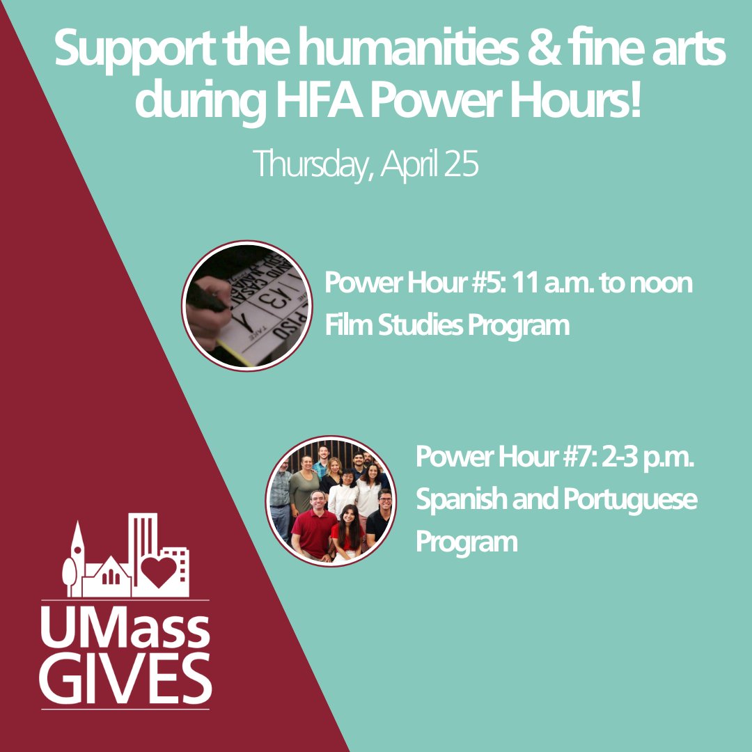 Maximize your impact this UMassGives! Make a gift during one of the designated HFA Power Hours and help that program win bonus funds, like the Film Studies or Spanish and Portuguese programs! Give happy. Make a difference. umass.scalefunder.com/gday/giving-da…