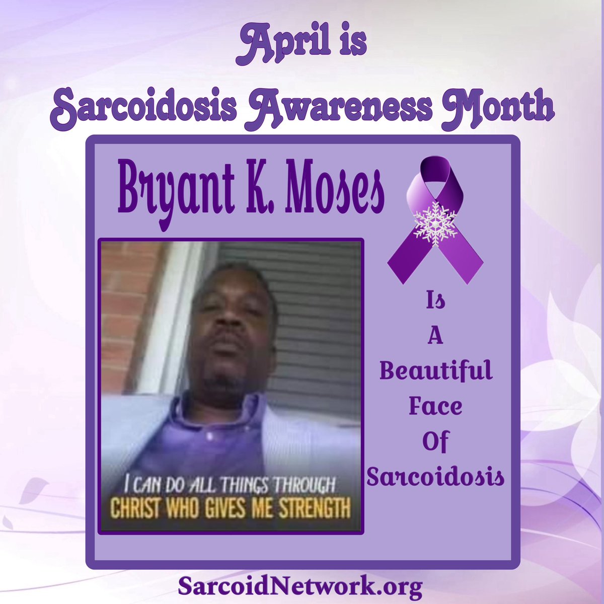 This is our Sarcoidosis Brother Bryant K. Moses and he is a Beautiful Face of Sarcoidosis!💜

#Sarcoidosis #raredisease #patientadvocate #sarcoidosisadvocate #beautifulfacesofsarcoidosis #sarcoidosisawarenessmonth