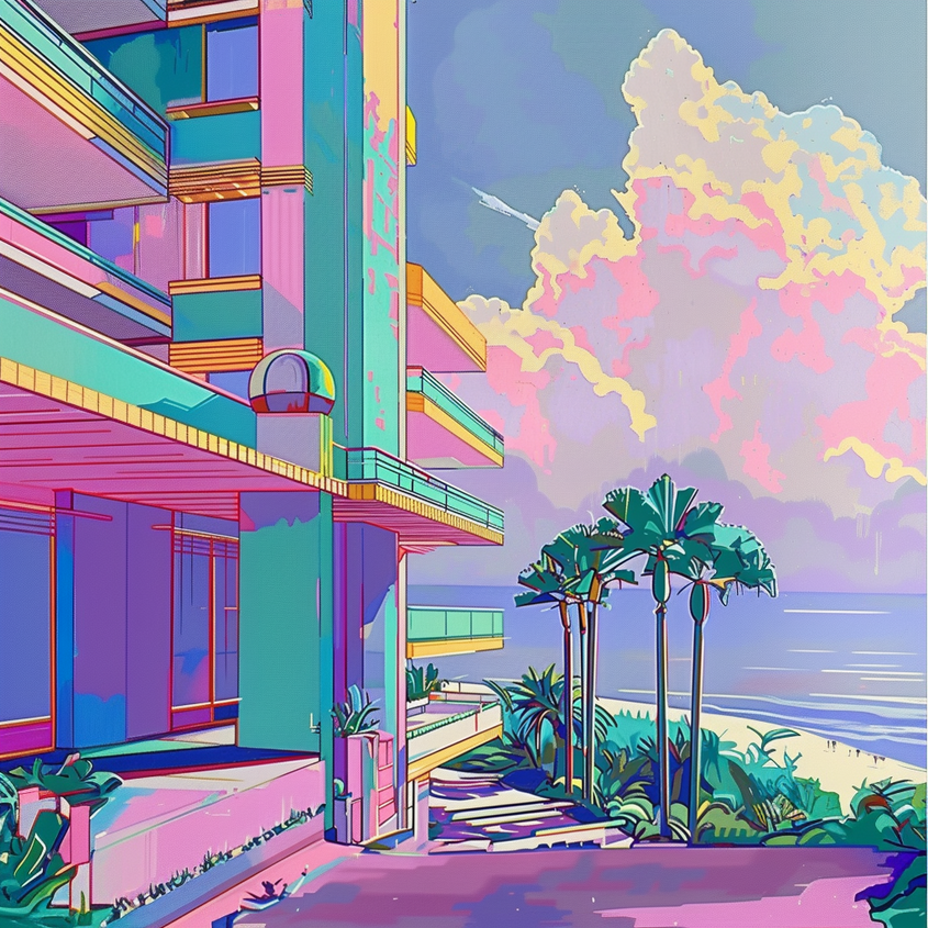 Retro-Future Dreams⁠
⁠
#pastelarchitecture #retrofuturism #artdeco #tropicalvibes #neonaesthetic #pastelpalette #vaporwaveart #synthwave #urbanparadise #digitalart #miamistyle #sunsetcolors #palmtrees #dreamysky #artoftheday #digitalillustration #futuristicstyle #creativeart