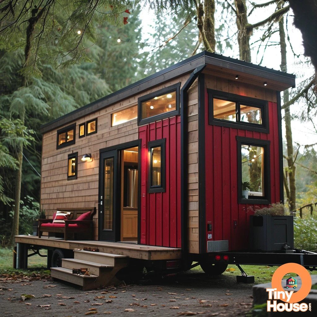 Check out this adorable tiny house on wheels in Chalet Style design! The combination of red, black, and white is stunning. What do you think? Would you incorporate any of these design elements into your own home? #tinyhouse #architecture #design #chaletstyle #colorpalette