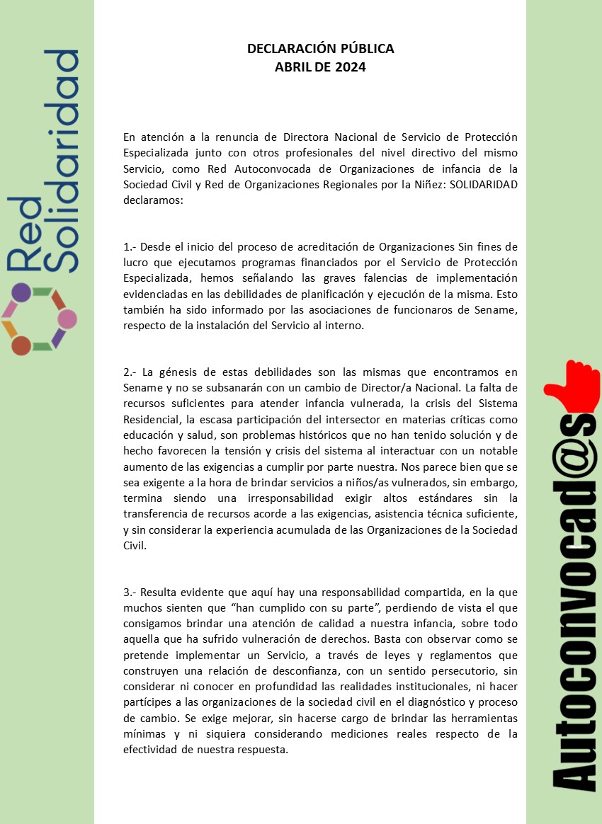 Solidaridad_Red's tweet photo. Como Red Solidaridad suscribimos declaración pública conjunta con Red Autoconvocada.
La salida de la directora del Servicio de Protección Especializada (Mejor Niñez) no resuelve los históricos problemas y deudas con la Niñez.
Es hora de realmente hacerse cargo. https://t.co/CePtMqow7u